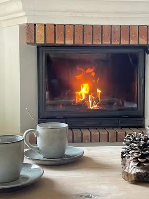 a table with two cups of coffee in front of a fireplace at L'Ensoleillée in Ménerbes