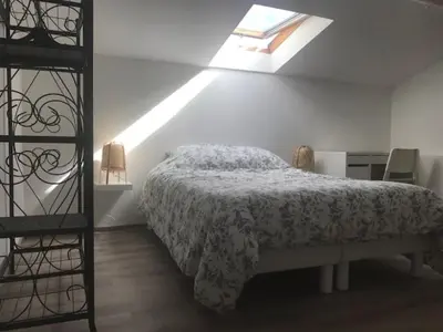 a bedroom with a bed with a flowery comforter at Duplex pour 2 à 4 personnes avec piscine au coeur des vignes in Pélissanne