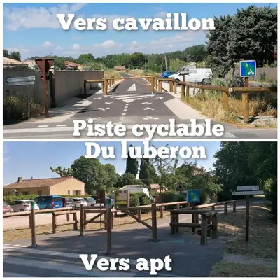 a collage of two pictures of a road at la fée viviane et michel l'enchanteur in Robion en Luberon