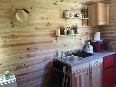 a kitchen with wooden walls and a sink and a microwave at Roulotte la clé du Luberon in Buoux