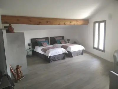 two beds in a room with two windows at Mas Des Fugueyrolles in Cavaillon