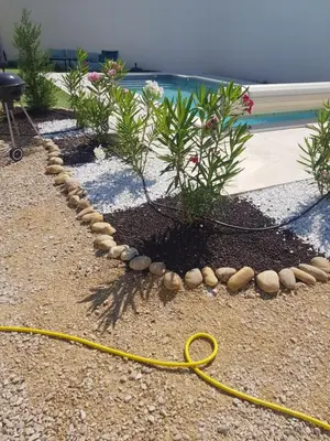 a garden with a yellow hose and a plant at Chambre chez Ikrame in Malemort-du-Comtat