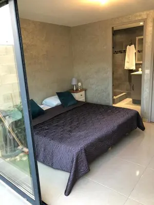 a bedroom with a bed and a walk in shower at Chambre chez Ikrame in Malemort-du-Comtat