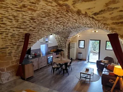 a kitchen and living room with a stone wall at Moulin de Bonfilhon in Cornillon-Confoux