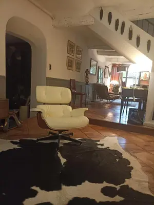 a living room with a white chair and a rug at la villageoise, chambre troglodyte pitoresque au cœur du village in Rognes