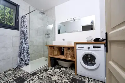 a bathroom with a washing machine and a shower at La Velleronnaise in Velleron