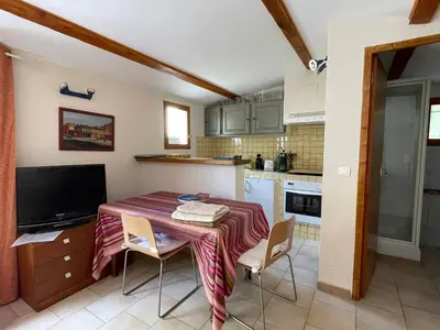 a kitchen with a table with chairs and a television at Studio Idéal pour des moments d'exceptions in Cabrières-dʼAvignon