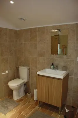 a bathroom with a toilet and a sink and a mirror at Logis au milieu des pins in Le Puy-Sainte-Réparade