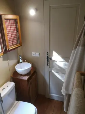 a small bathroom with a toilet and a sink at La Carriole dans le jardin in Ménerbes
