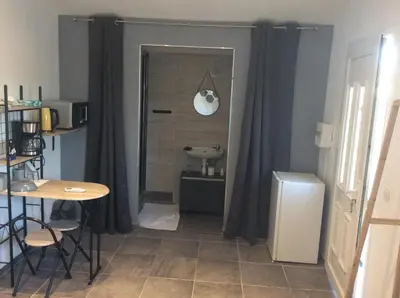 a bathroom with a sink and a table and a mirror at Ogooué Studio in Carpentras