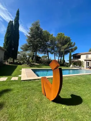 a sculpture in the grass next to a swimming pool at Mazet LEAJO in Eygalières