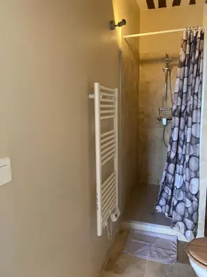 a bathroom with a shower with a toilet and a window at Studio de charme le Clos de l'Etang + place de parking in LʼIsle-sur-la-Sorgue