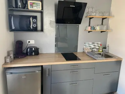 a kitchen counter with a sink and a microwave at Studio de charme le Clos de l'Etang + place de parking in LʼIsle-sur-la-Sorgue