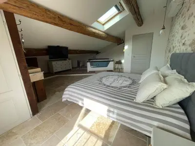 a bedroom with a bed and a television in it at Appartement de charme Sud Luberon classé 4 étoiles in Puyvert