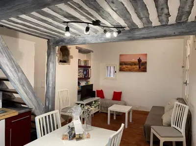 a living room with a table and a couch at Studio cosy dans le centre-ville historique in LʼIsle-sur-la-Sorgue