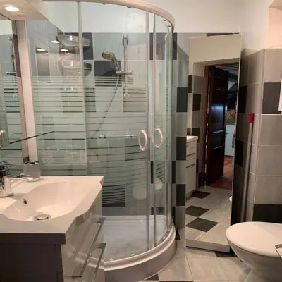 a bathroom with a shower and a sink and a toilet at Studio cosy dans le centre-ville historique in LʼIsle-sur-la-Sorgue
