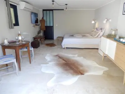 a bedroom with a bed with a large fur rug on the floor at La secrète chambre de la tour in Orgon
