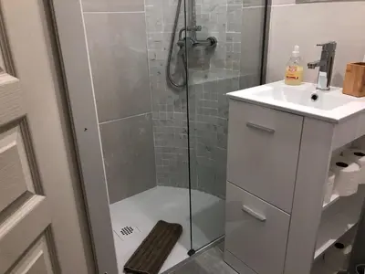 a bathroom with a shower with a sink and a toilet at Les Olives Wifi Netflix Appart-hotel-Provence in La Fare-les-Oliviers