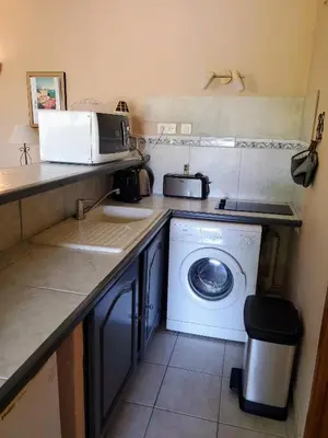 a kitchen with a washing machine and a microwave at Gîte Les Murmures du Ventoux in Mormoiron