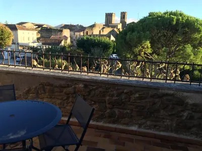 a group of birds on a wall with a table and chairs at Grande terrasse CLIM parking privé SMART TV, local velos in Entraigues-sur-la-Sorgue