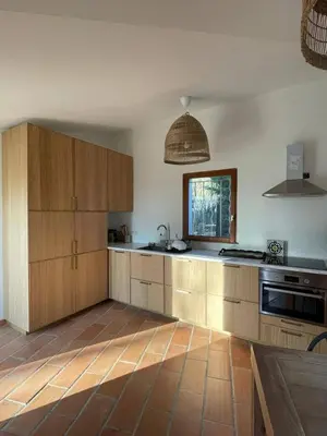 an empty kitchen with wooden cabinets and a sink at Mas de la Pivoine in Le Puy-Sainte-Réparade