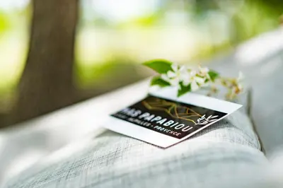 a book sitting on top of a bench with flowers at MAS PAPABIOU in Eygalières