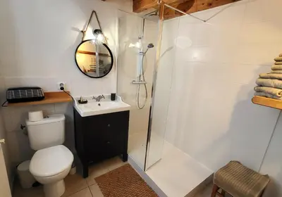 a bathroom with a shower and a toilet and a sink at Maison de village façon Loft, avec cour et airco, dans le centre historique in LʼIsle-sur-la-Sorgue