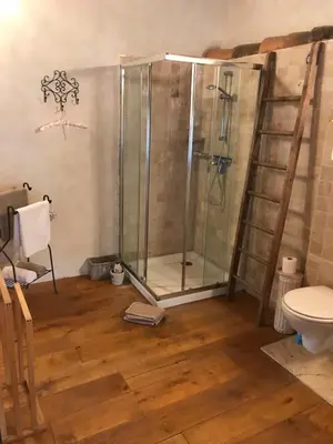 a shower with a glass door in a bathroom at La Charmeuse in Céreste