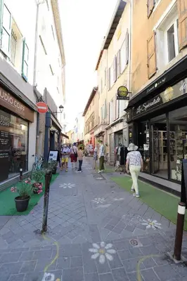 a group of people walking down a street with shops at Appartement et Garage au Cœur de l'Isle in LʼIsle-sur-la-Sorgue