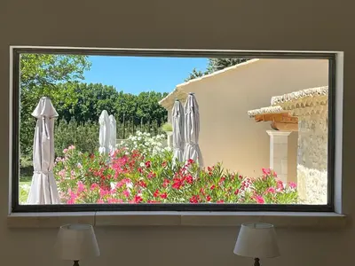 a window view of a garden with umbrellas and flowers at Mas Galinette in Saint-Andiol
