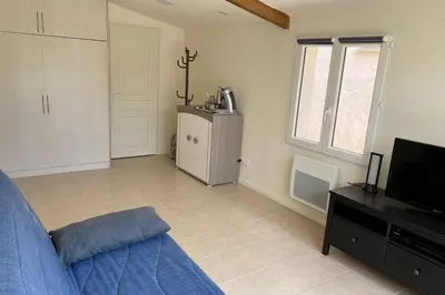 a living room with a blue couch and a television at Loft 21 m² pouvant accueillir 4 personnes in Monteux