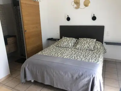 a bedroom with a bed with a gray comforter at L’ escapade in Mallemort