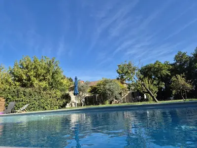 a pool of water with trees and a house at LA LEZARDIERE CHEZ HUGUES in Saint-Rémy-de-Provence