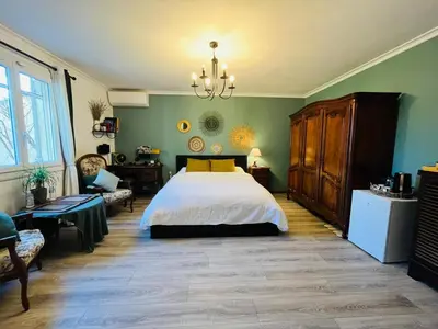a bedroom with a large bed and a chandelier at La Maison du Chemin des Prairies in Morières-lès-Avignon