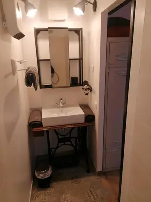a bathroom with a sink and a mirror at L'atelier de Guytou et Spa in Cheval-Blanc