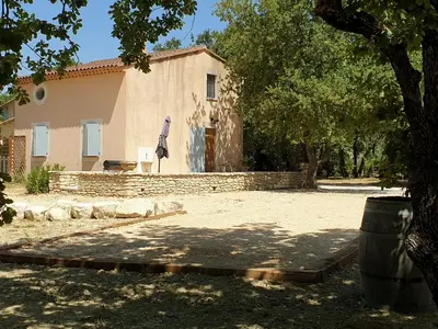 a house with a tree in front of it at Mas de la Chêneraie Blanche, Maison de vacances avec piscine en Luberon in Roussillon