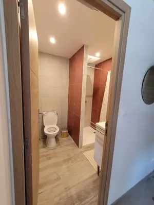 a small bathroom with a toilet and a shower at Les Prairies de l'Encrême in Céreste
