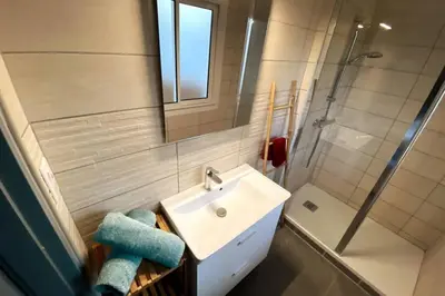 a bathroom with a sink and a shower with a mirror at Appartement T2 Cosy sur Aix in Aix-en-Provence