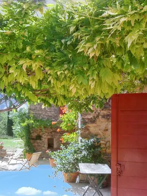 a tree in a garden with a bench and a fountain at Villa élégante avec piscine privée à Ansouis, vues montagne in Ansouis