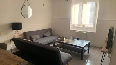 a living room with a couch and a table at Logement sur pte cour, rez de chaussée, WIFI, CLIM in Vedène