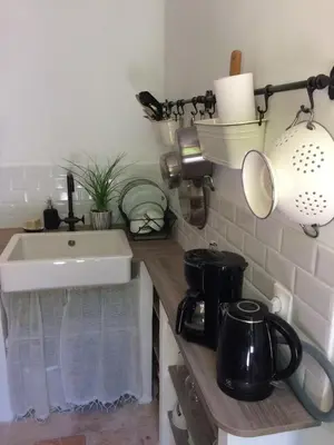 a kitchen with a sink and a counter top at Chambre d'hôte Mas de Silvacane in La Roque-dʼAnthéron