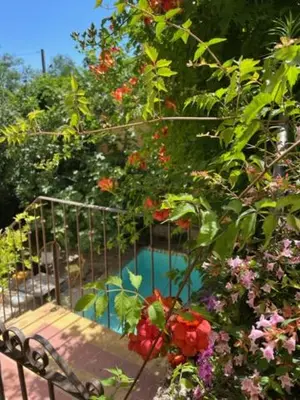 a bench in a garden with flowers and a pool at Chambre d'hôte Mas de Silvacane in La Roque-dʼAnthéron