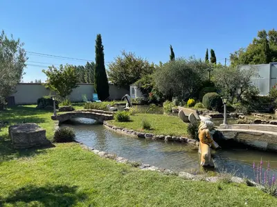 a teddy bear in a pond in a garden at Studio les petits lutins in Entraigues-sur-la-Sorgue