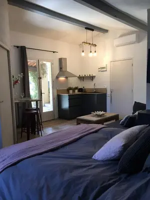 a bedroom with a large bed and a kitchen at Gite Studio indépendant au cœur du Luberon in Maubec