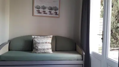 a pillow sitting on a green couch next to a window at Le Mas Du Colombier in Cadenet