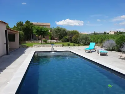 a swimming pool with a fountain in a yard at Villa Les Oliviers in Caromb