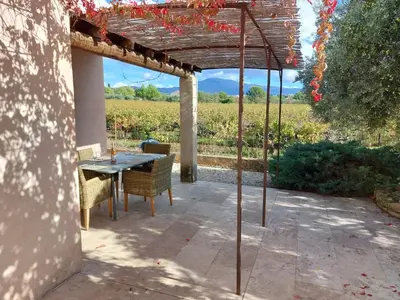 a patio with a table and chairs under a pergola at Villa Les Oliviers in Caromb