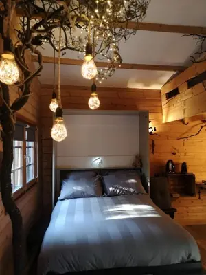 a bedroom with a bed with lights above it at Sortilège in Lambesc
