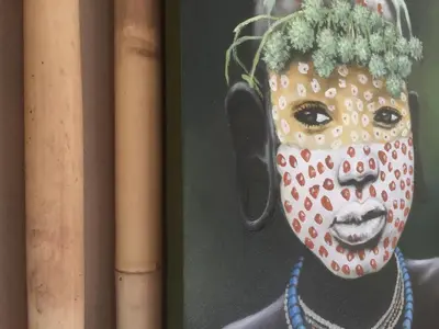 a painting of a person wearing a mask at AJOUCADOU le perchoir in Lourmarin