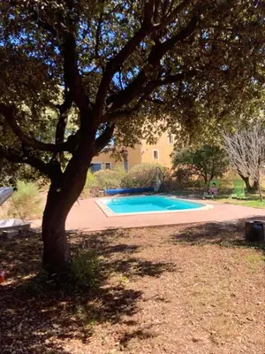 a tree in a yard with a swimming pool at Charmant chalet à Cornillon-Confoux avec piscine partagée in Cornillon-Confoux